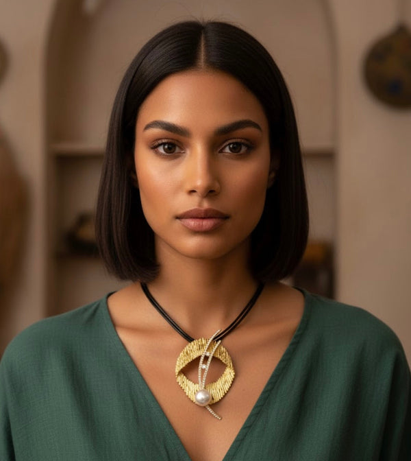 Gold-toned circular pendant-Necklace